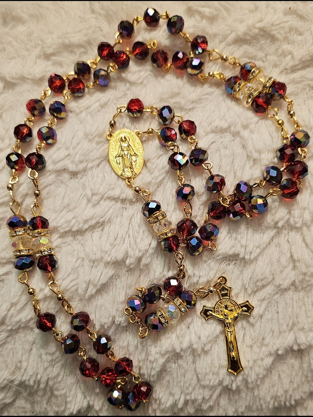 Gold-Tone Red Iridecent Crystal Rosary